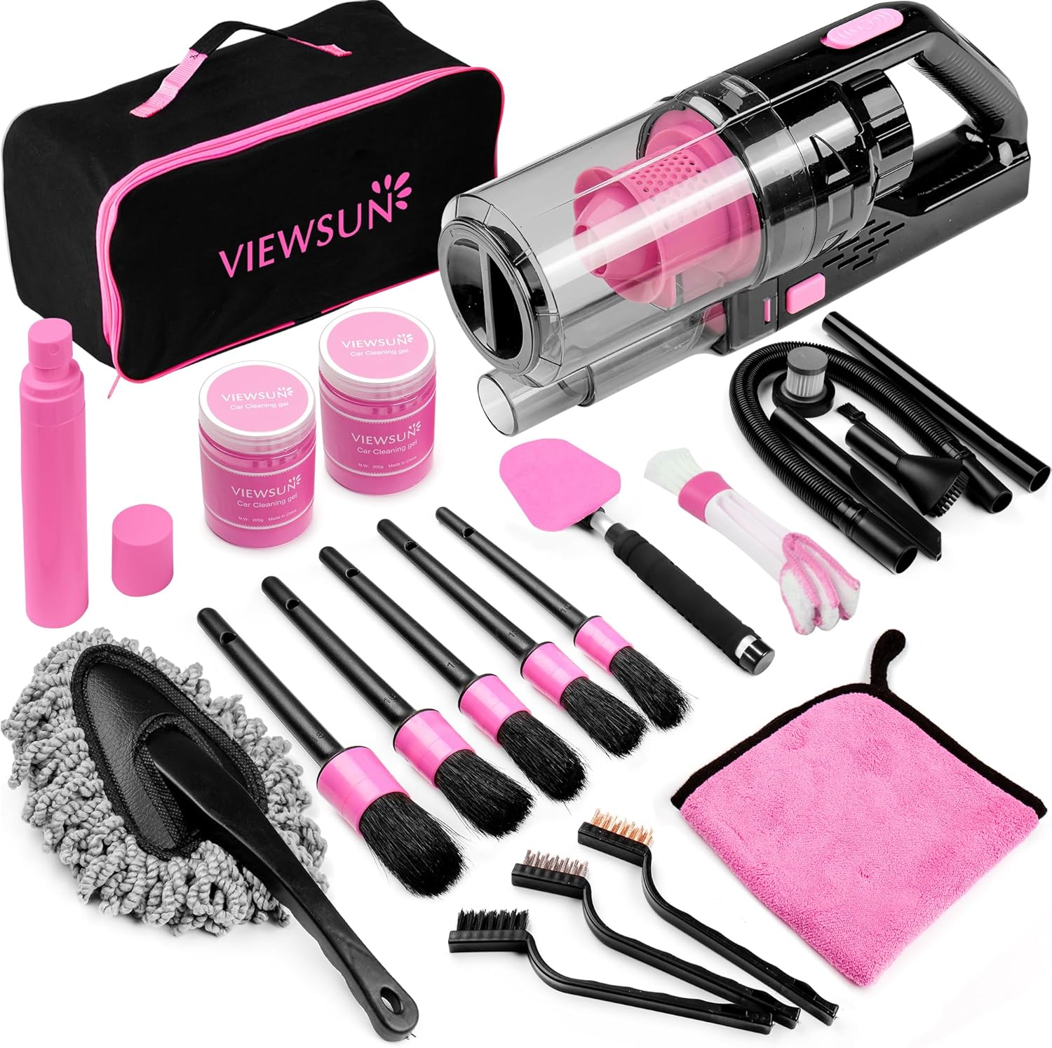17pcs Car Cleaning Kit, Pink Car Interior Detailing Kit with High Power Handheld Vacuum